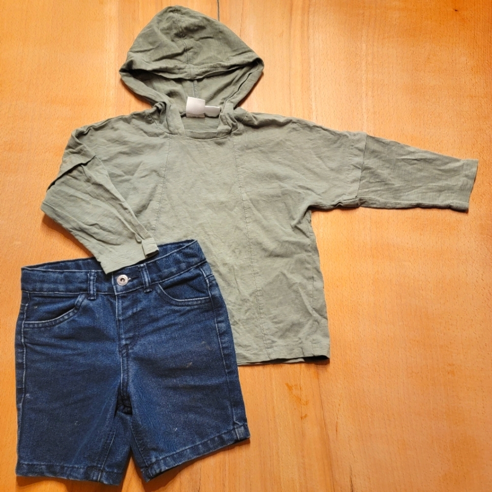 Zara boys 4t long sleeve hooded tee and denim jean shorts